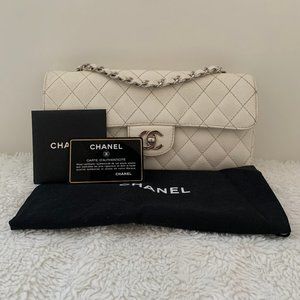 CHANEL White Quilted Caviar Medium East-West Baguette Flap Bag